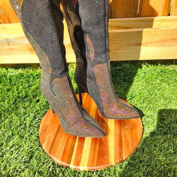 Sexy & Fun Black & Gold Rhinestone Flame Detail Sexy OTK Thigh Boots - Picture 4 of 16